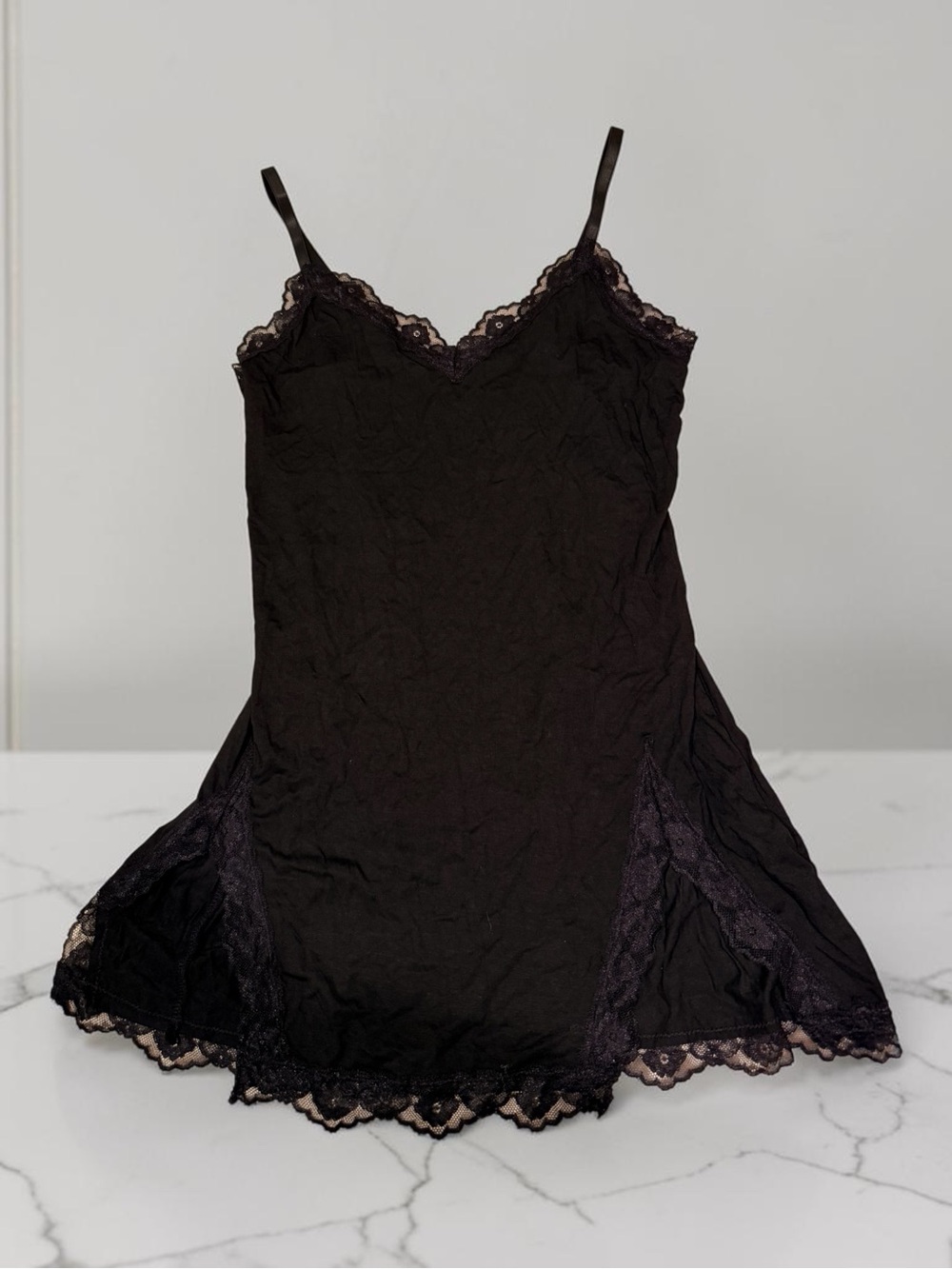 Elegant Black Lace-Trim Chemise Nightgown
